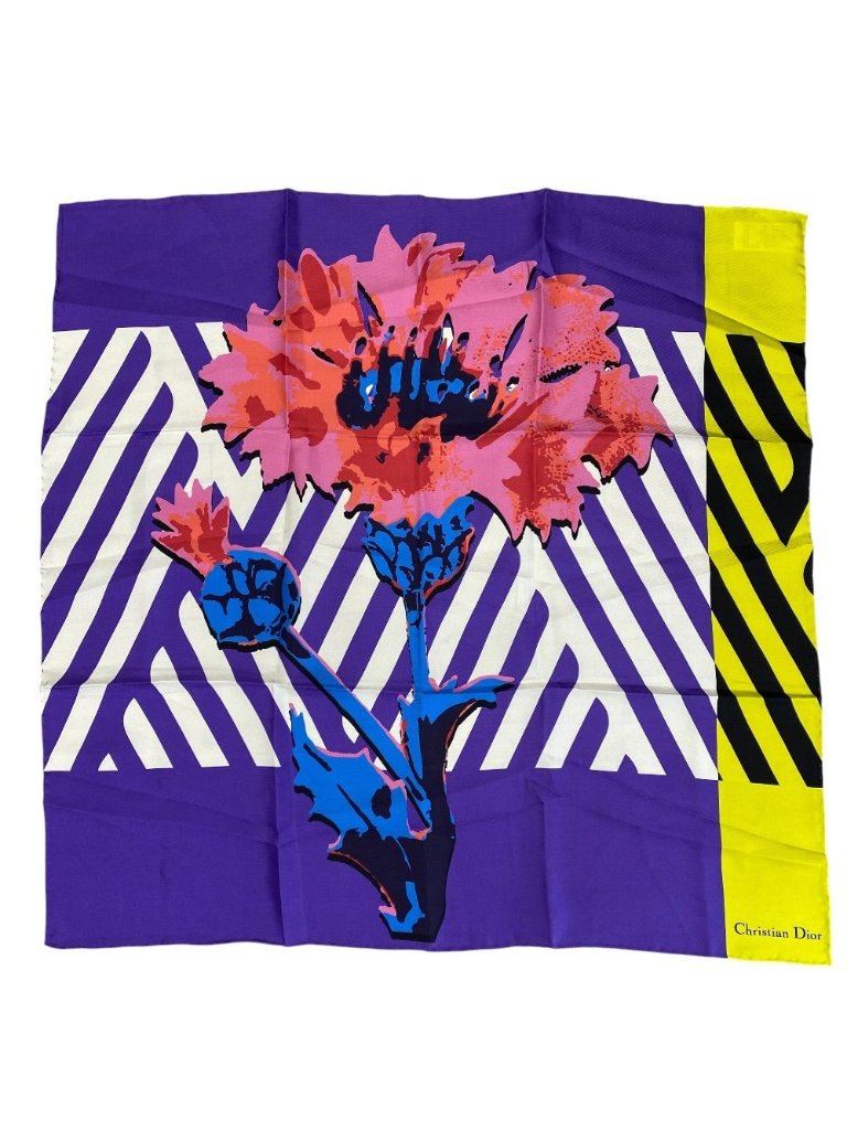 Dior Scarf Shawl D-Flower Pop Silk 100% Purple Yellow Pink Gorgeous Feminine